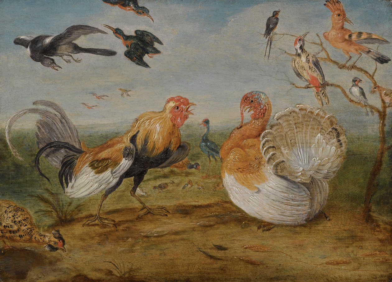 Bir horoz ve hindinin kavga ettiği bir manzara ve diğer kümes hayvanları by Jan van Kessel the Elder