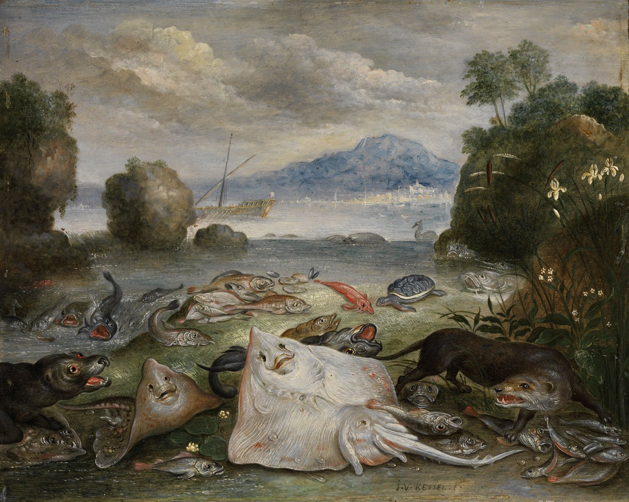 Deniz hayvanları, balıklar ve su samurları sahilde bir yelkenli gemi ve uzakta bir dağ ile bir körfeze bakan by Jan van Kessel the Elder