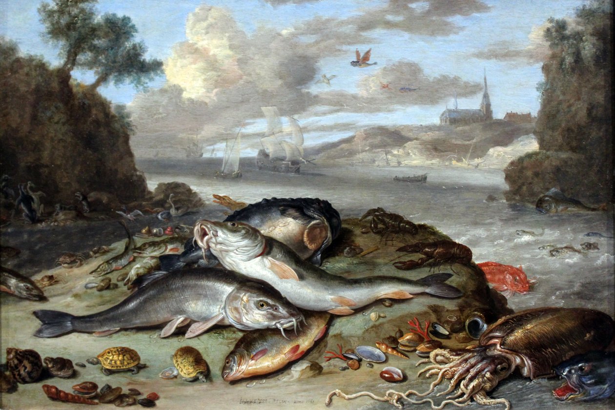 Bir kıyı manzarasında balık ve deniz canlıları ile natürmort by Jan van Kessel the Elder