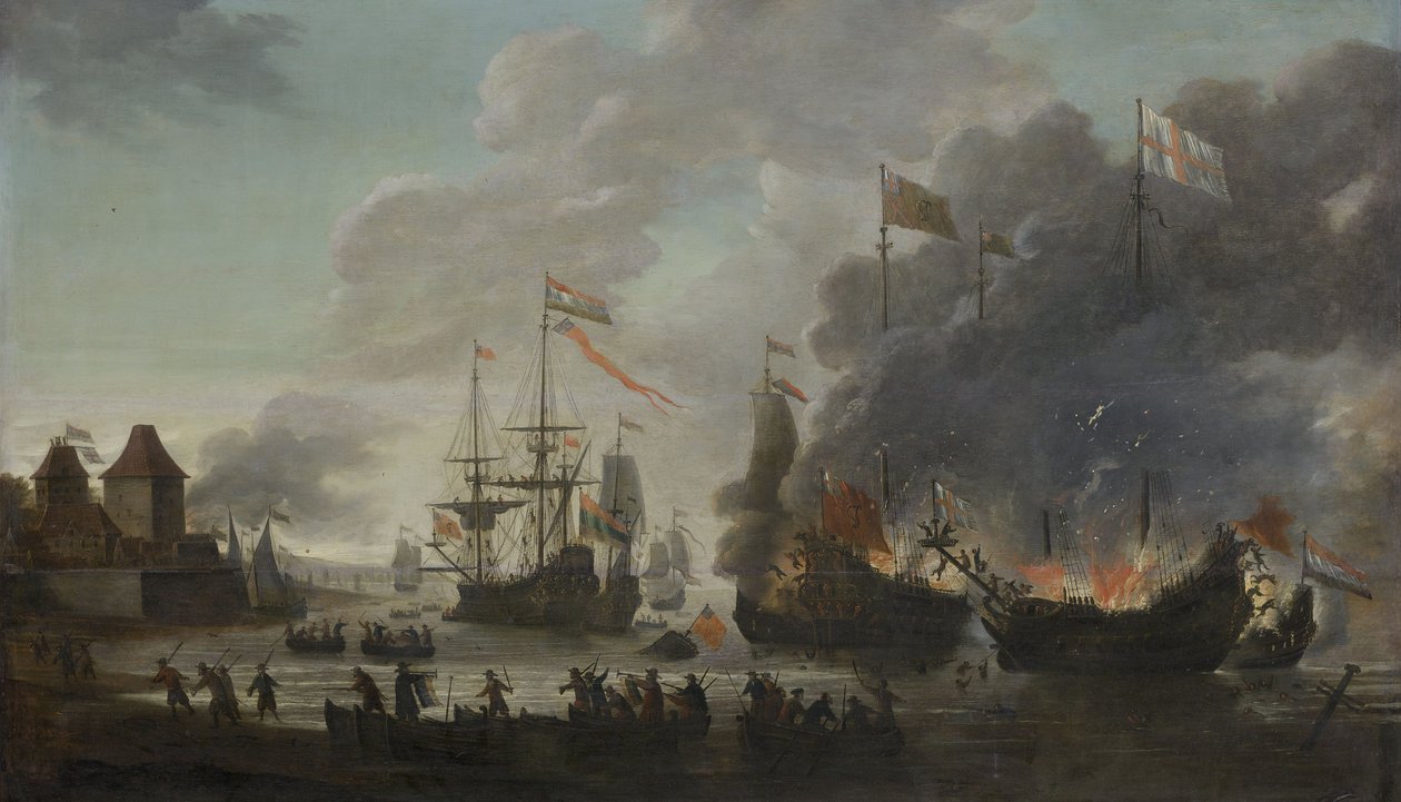 The Dutch Burn English Ships during the Expedition to Chatham, 20 June 1667 (Raid on the Medway), c.1667  by Jan van Leyden