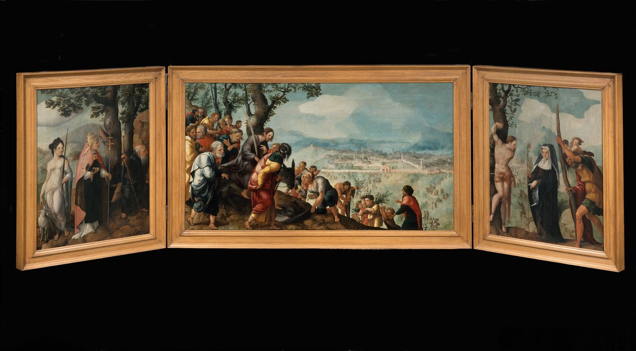Triptych with The Entry of Christ into Jerusalem, saints and on the outside of the wings, patrons of the Van Lokhorst family  by Jan van Scorel