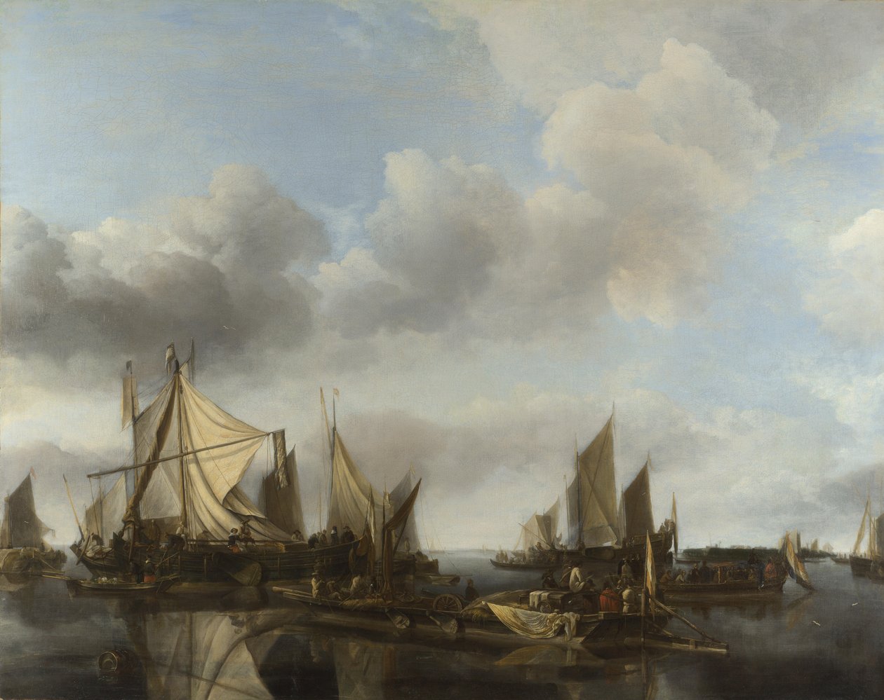 Büyük Bir Feribot ve çok sayıda gemi ile Bir Nehir Manzarası by Jan van de Cappelle