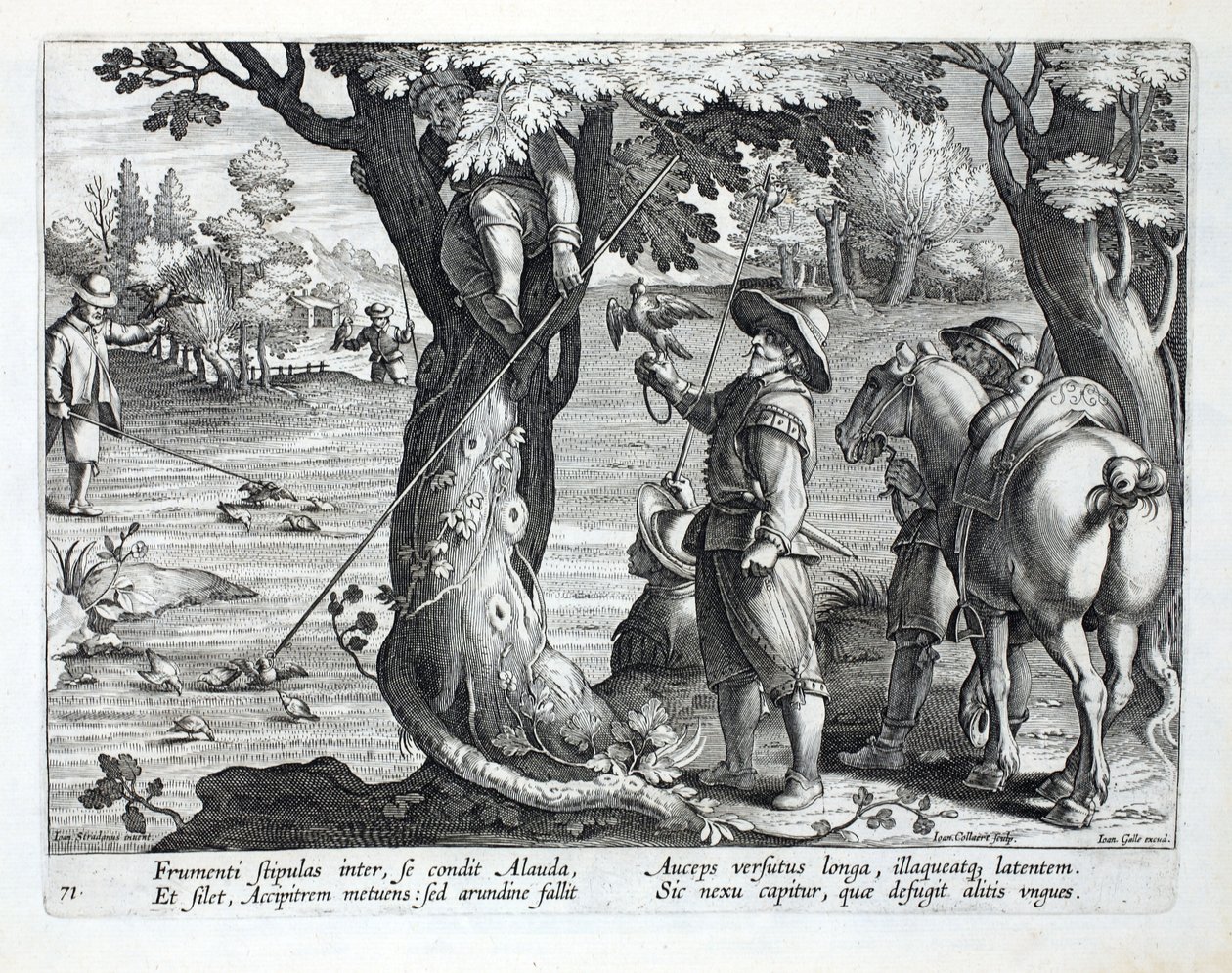 Kuşları yakalamak için halkalı çubuklar kullanan kuş avcıları, Jan Collaert (1566-1628) tarafından oyulmuş 