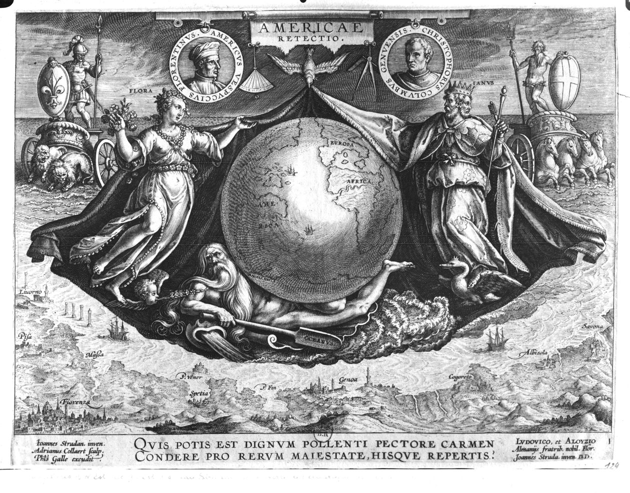 Discovery of America with portraits of Amerigo Vespucci (1454-1512) and Christopher Columbus (1451-1506) engraved by Jan Collaert (1566-1628) printed by Philipp Galle (1537-1612) c.1600  (b by Jan van der Straet