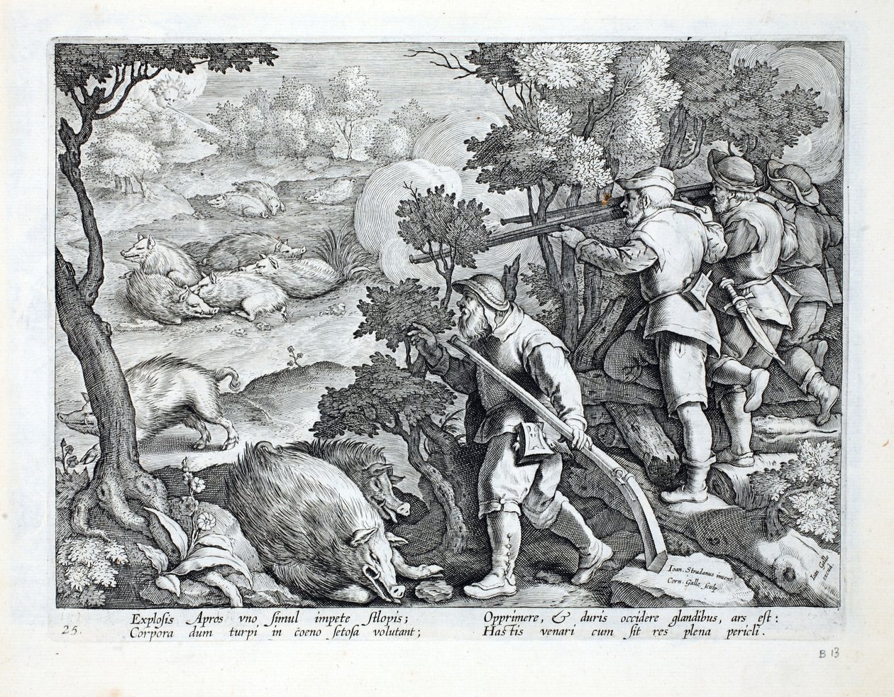 Avcılar, çamurda yuvarlanan yaban domuzlarını vurmak için silah kullanırlar, Jan Collaert (1566-1) tarafından oyulmuş 'Venationes, Ferarum, Avium, Piscium'dan (Avlanma: Yabani Canavarlar, Kuşlar, Balık) illüstrasyon by Jan van der Straet