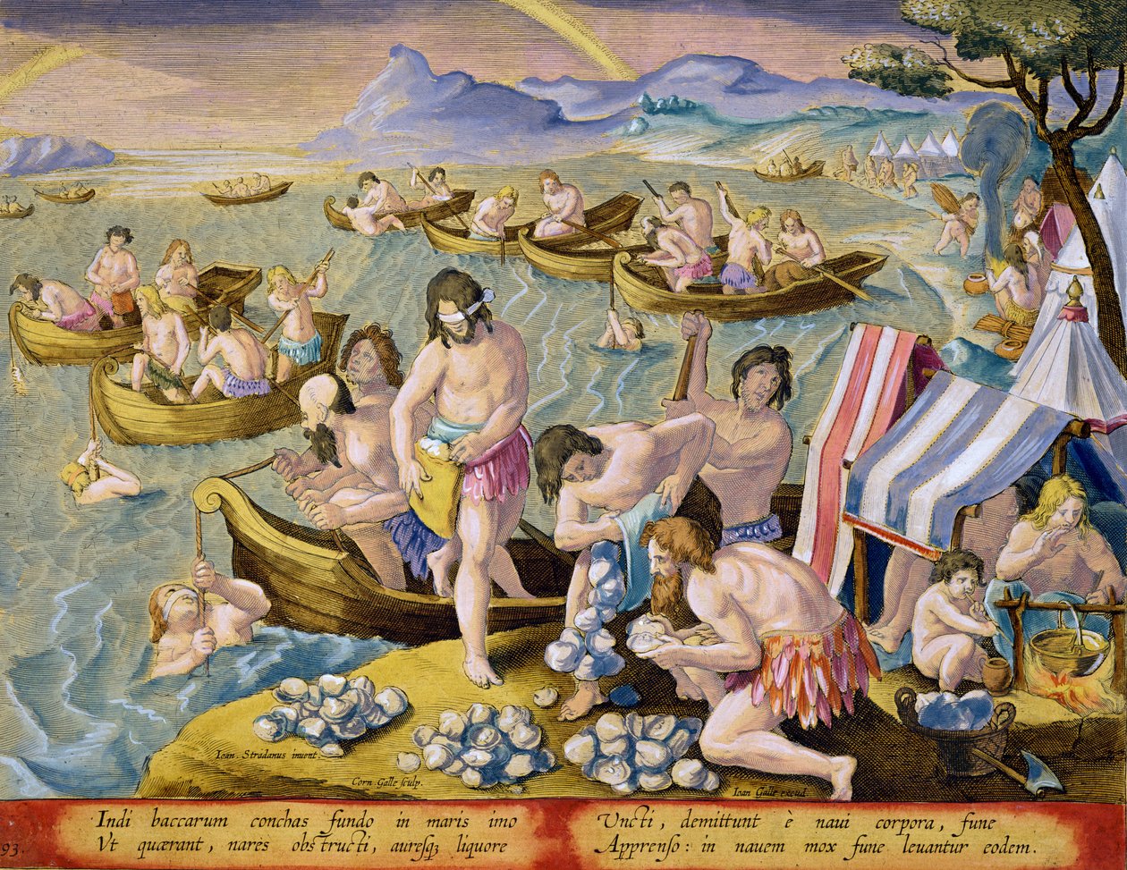 İnciler için dalış yapan Kızılderililer, Jan Collaert (1566-1628) tarafından oyulmuş 