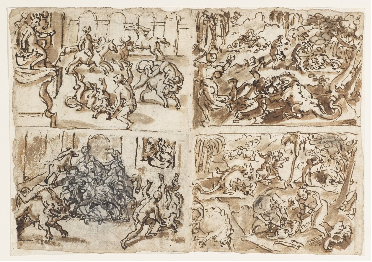 Recto Başlık- Dört sahneyi gösteren bir eskiz defterinden sayfa - Thessalians Fighting Bulls, üst... by Jan van der Straet