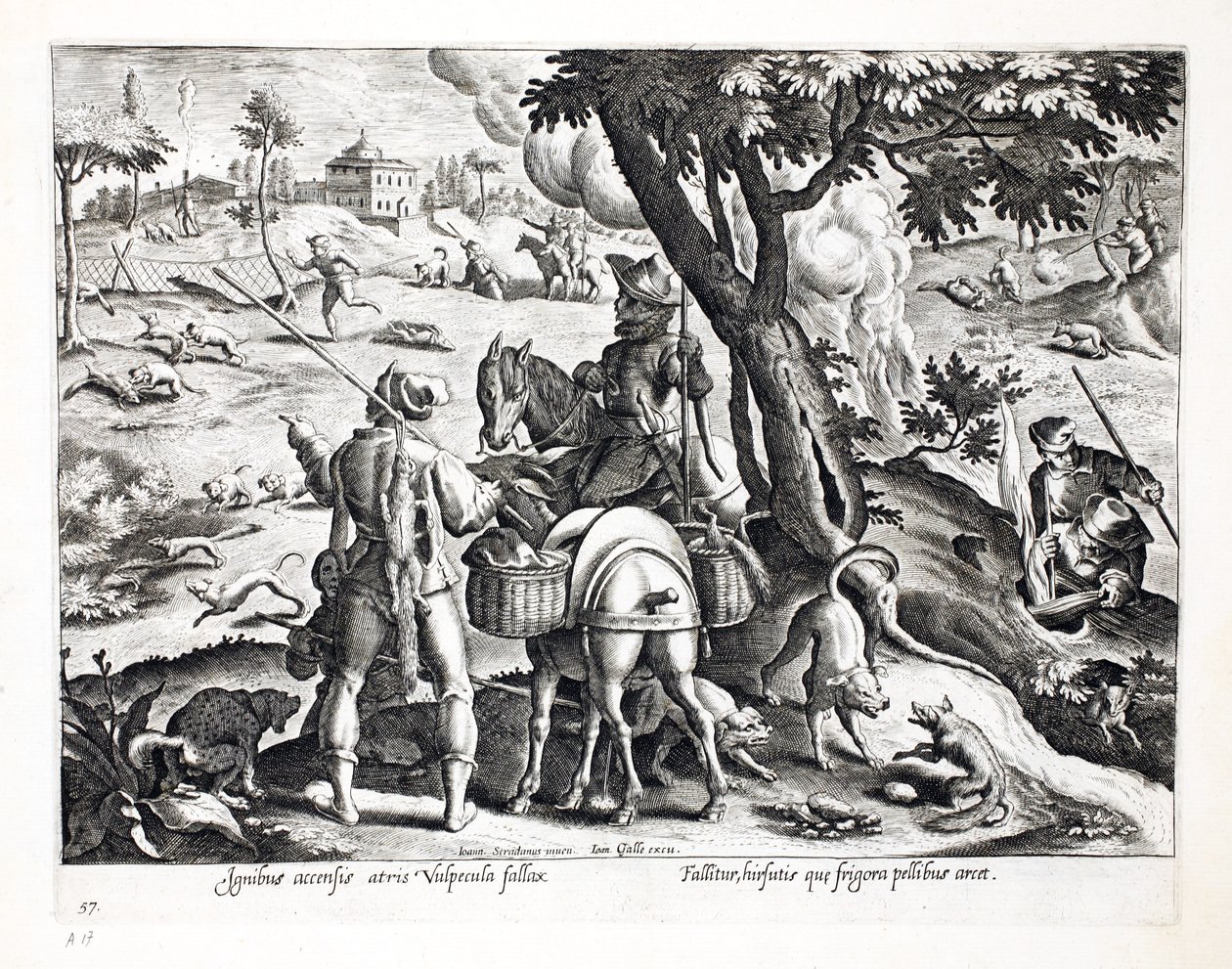 İnlerinden tüten kara tilkiler, Jan Collaert (1566-1628) tarafından oyulmuş 'Venationes, Ferarum, Avium, Piscium'dan (Avlanma: Yabani Canavarlar, Kuşlar, Balık) illüstrasyon. Phillipus Gallaeus tarafından, by Jan van der Straet
