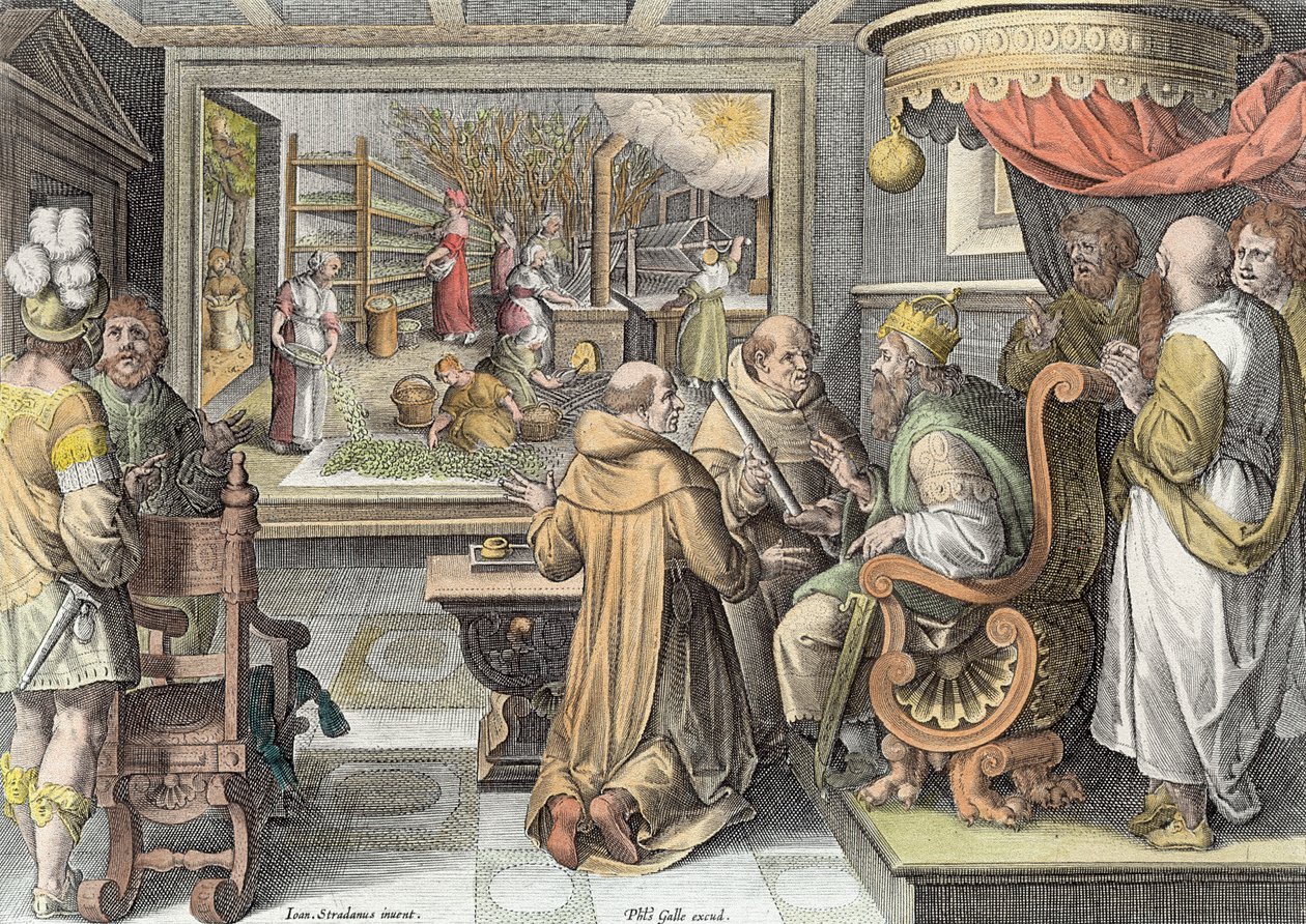 Avrupa'da İpek Endüstrisinin Başlangıcı, Philip Galle (1537-1612) tarafından oyulmuş 'Nova Reperta'dan (Yeni Keşifler) 9 numaralı levha (daha sonra renklendirme) by Jan van der Straet