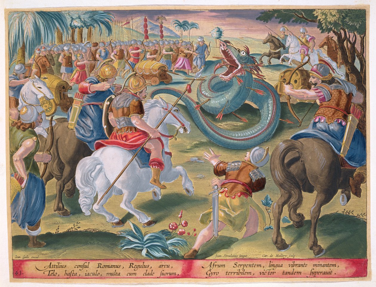 Roma Konsolosu Atilius Afrika Yılanını Bastırıyor, Philli tarafından yayınlanan Jan Collaert (1566-1628) tarafından oyulmuş 