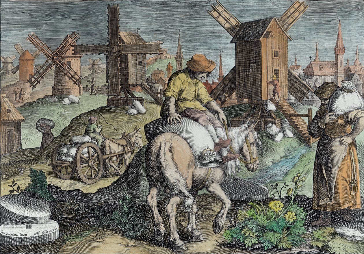 Yel değirmenleri, Philip Galle (1537-1612) tarafından oyulmuş 