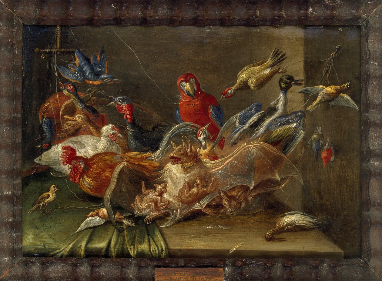 Kuşlar ve İki Yarasa ile Dekoratif Natürmort Kompozisyonu (bakır üzerine yağlı boya) by Jan van Kessel the Elder