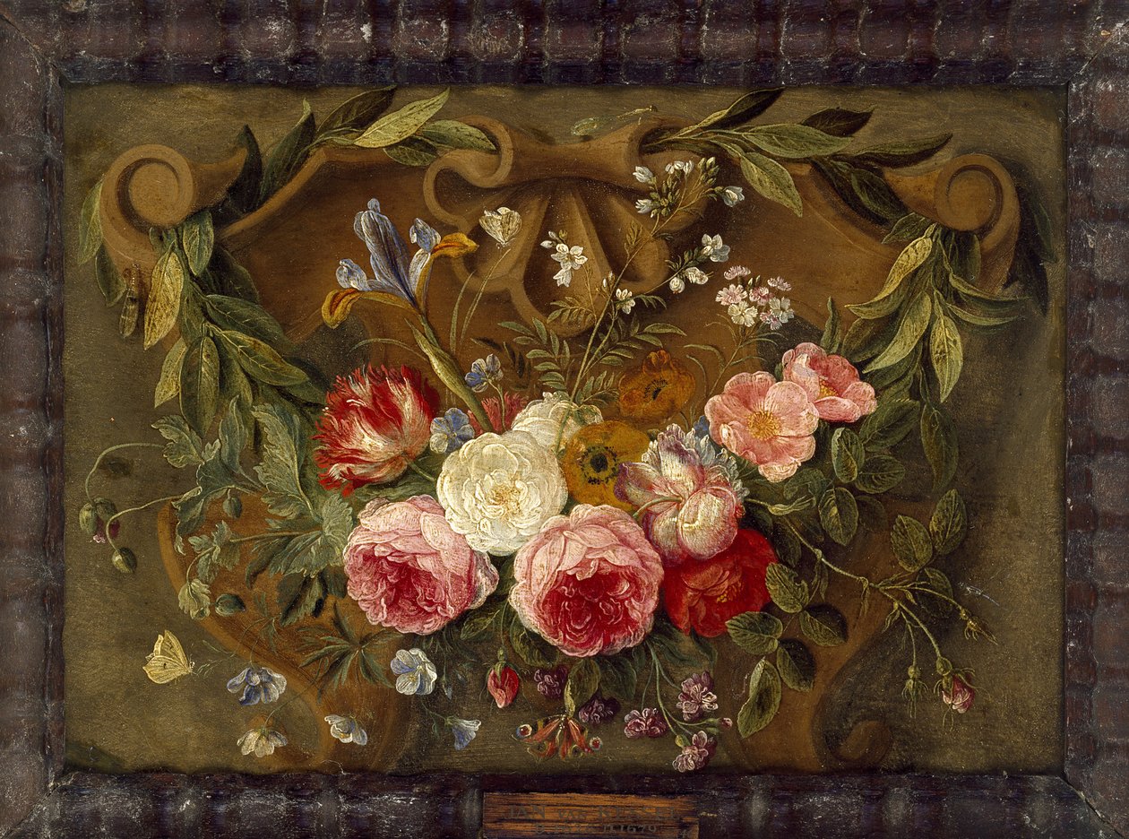 Çiçek Çelenkli Dekoratif Natürmort Kompozisyonu (bakır üzerine yağlı boya) by Jan van Kessel the Elder