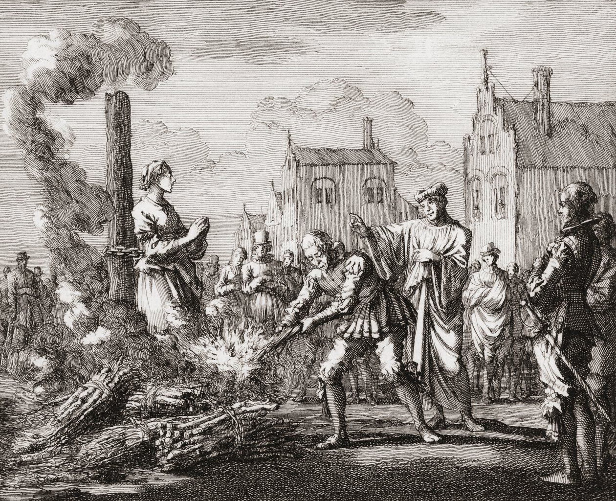Bir kadın cadı olduğu gerekçesiyle kazığa bağlanıp yakıldı (baskı) by Jan (after) Luyken