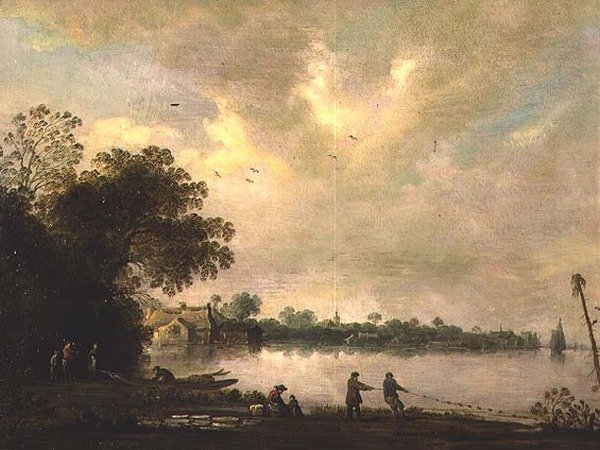 Balıkçıların ağda çizdiği bir nehir manzarası by Jan (attr. to) Coelenbier