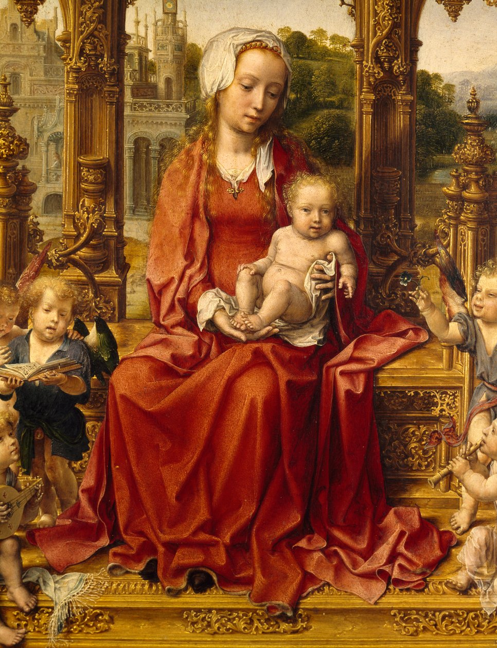 Çocuk ve melek müzisyenlerle Madonna, Malvern Triptych'in orta paneli by Jan (c.1472 c.1533) Gossaert