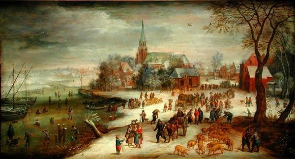 Bir pazar ve patenciler ile kışın Shelle ve Scheldt nehri manzarası by Jan (follower of) Brueghel