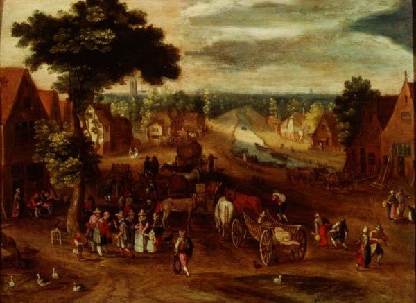 Bir hanın dışında gezginlerin olduğu bir köy by Jan (follower of) Brueghel