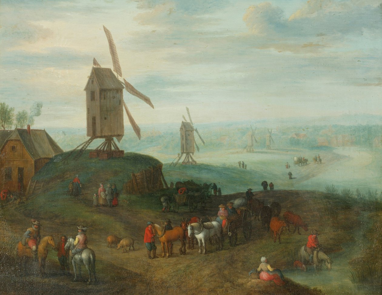 Yel değirmenli manzara (bakır üzerine yağ) by Jan (follower of) Brueghel