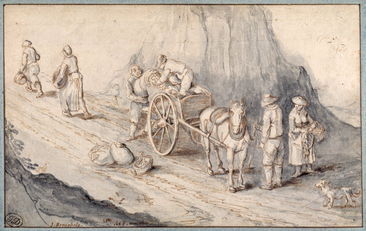 Tek atlı bir arabayı kök sebzelerle yükleyen köylüler (kağıt üzerinde yıkanmış kalem ve mürekkep) by Jan (follower of) Brueghel