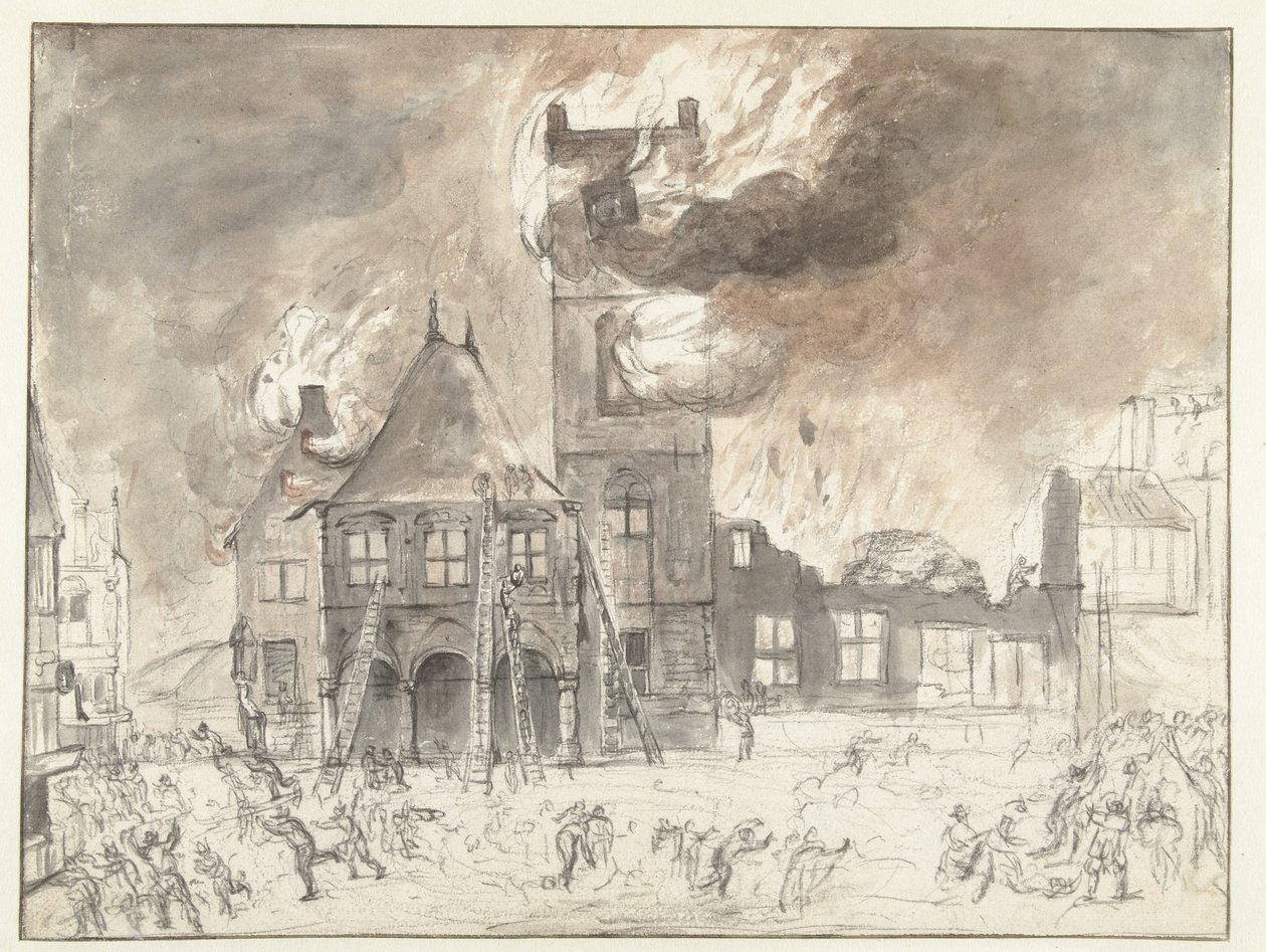 Amsterdam'daki eski belediye binasında yangın by Jan Abrahamsz. Beerstraten (possibly)