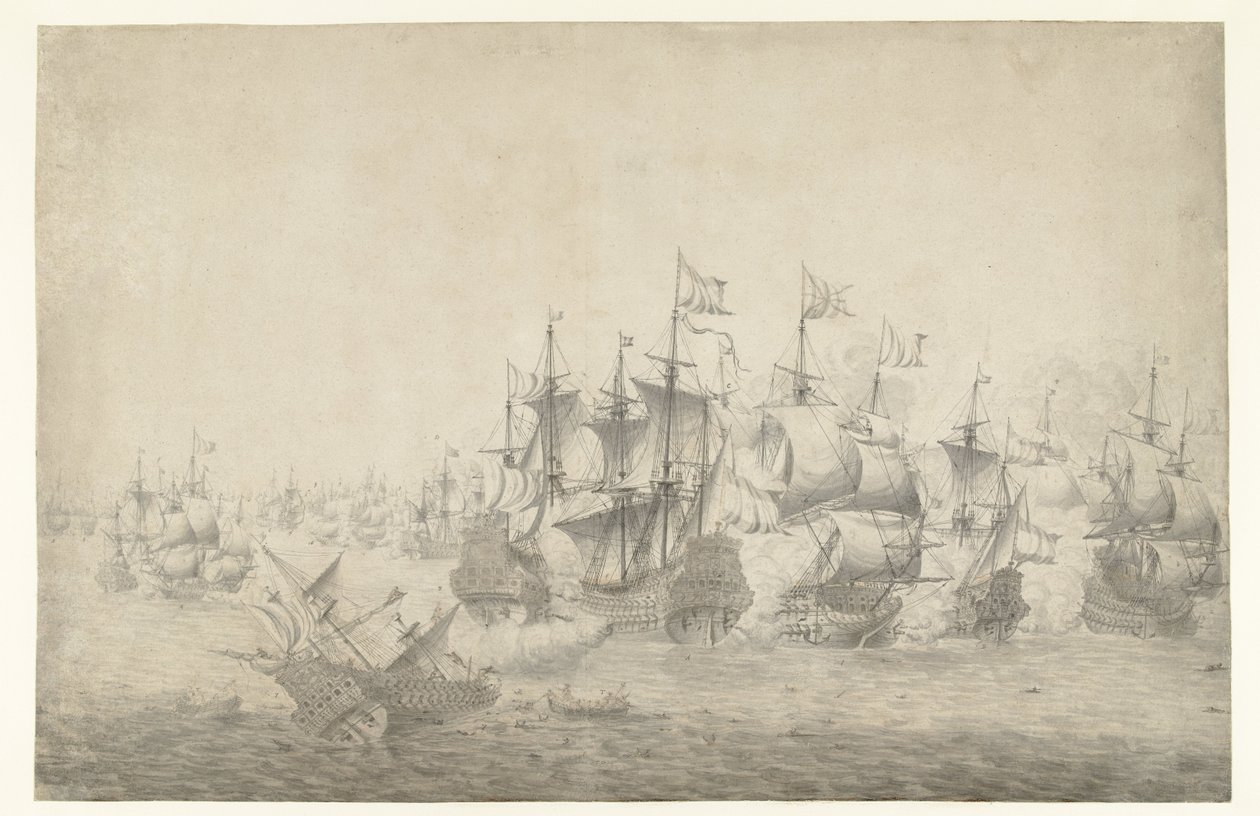 Bir deniz savaşı, muhtemelen 13 Haziran 1665'te Lowestoft'ta (sol sayfa) by Jan Abrahamsz. Beerstraten (possibly)