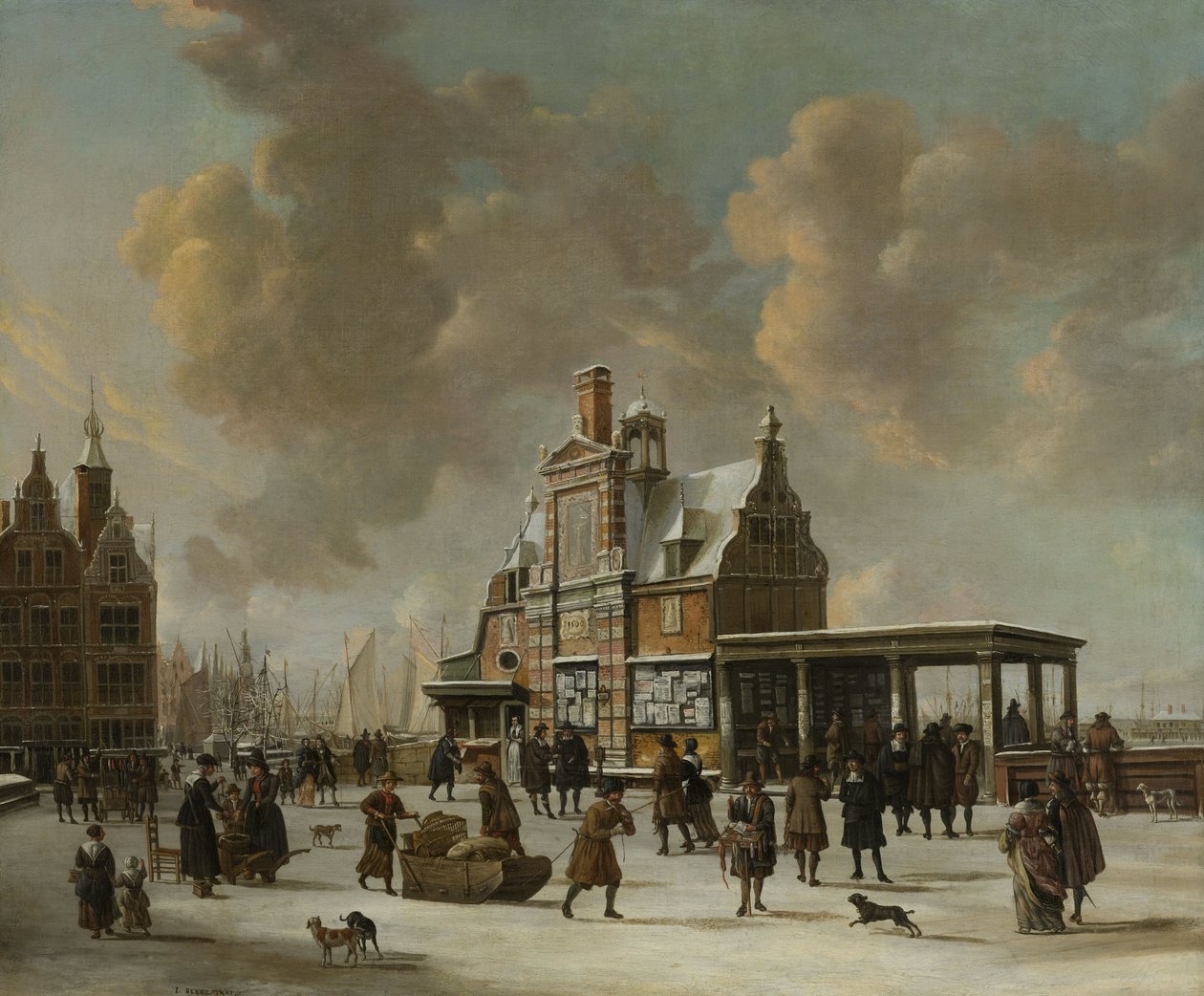 Paalhuis ve Nieuwe Brug, Amsterdam, Kışın by Jan Abrahamsz. Beerstraten