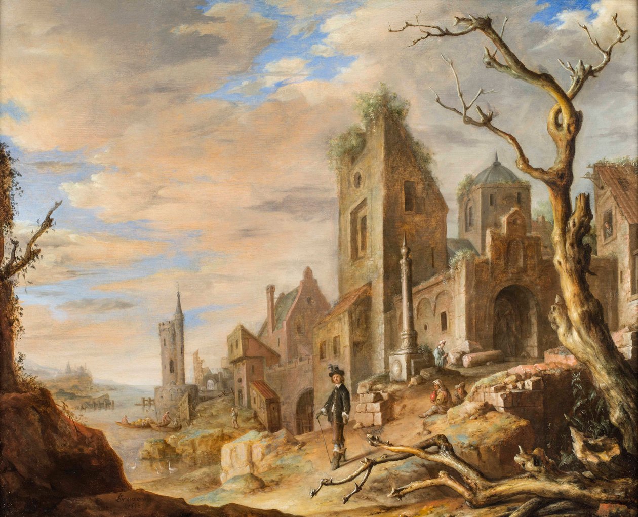 Bir Ortaçağ Kasabası ile Bir Nehir Manzarası by Jan Adriansz van Staveren