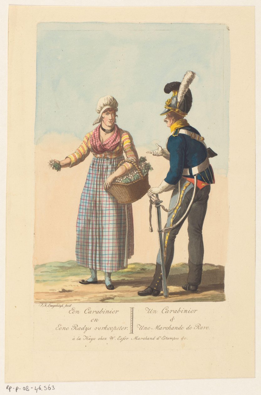 Süvari askeri ve turp satıcısı Bir Carabinier ve bir Radys Saleswoman / Un Carabinier & Une Marchande de Rave (nesne üzerindeki başlık) by Jan Anthonie Langendijk Dzn
