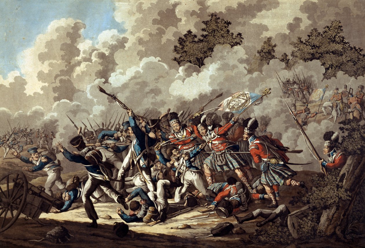 Fransız Muhafızlarının Highlanders tarafından yenilgisi, La Haye Sainte, Waterloo Savaşı sırasında, 1815 (renkli aquatint) by Jan Anthonie Langendyk