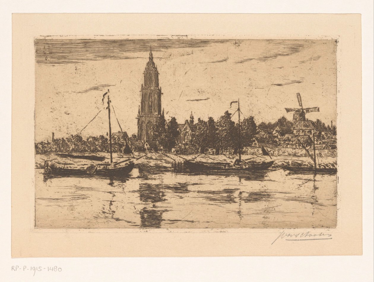 Rhenen'in görünümü by Jan Antonius van Schooten (signed by artist)