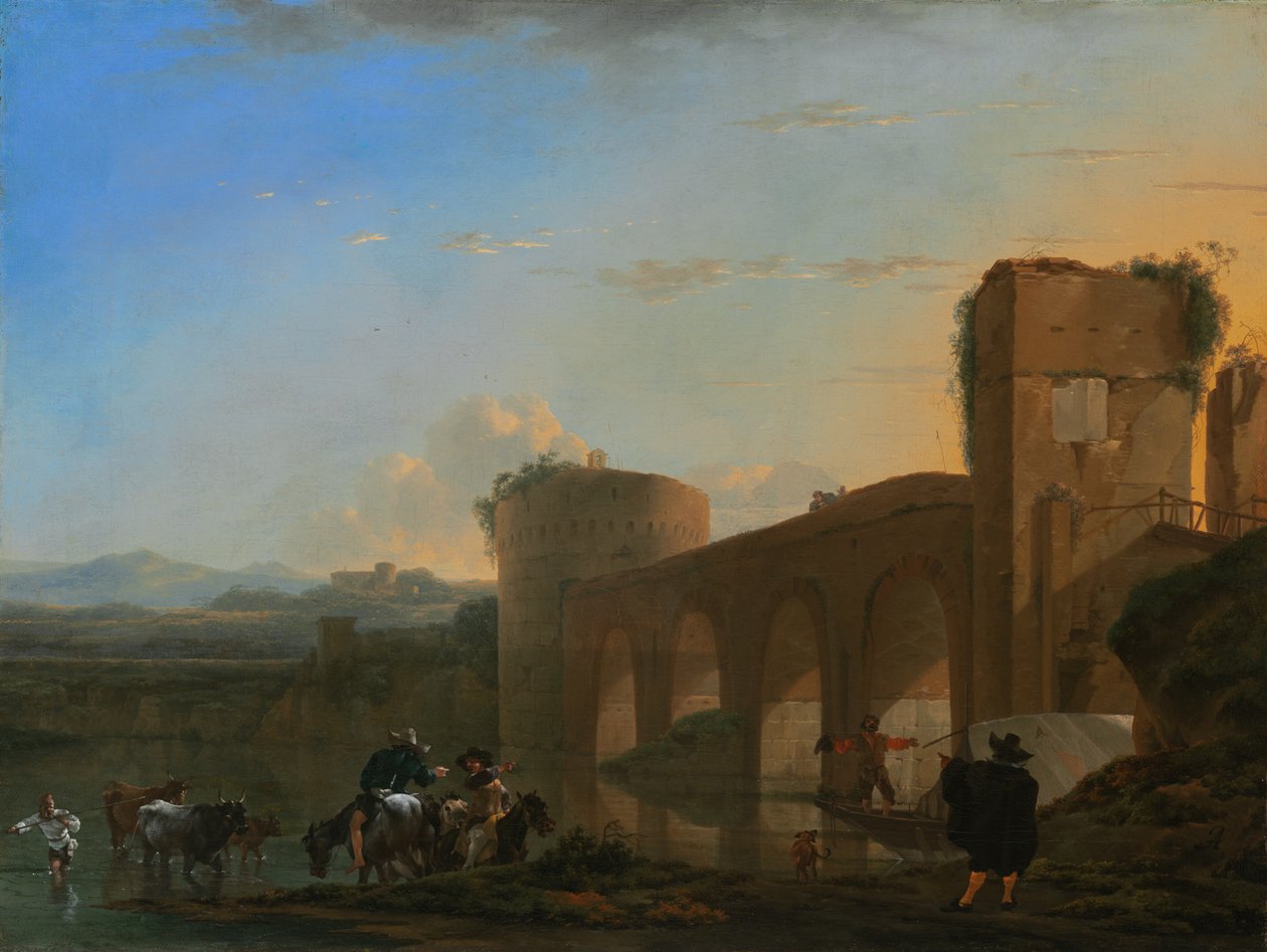 Gün batımında Ponte Molle ile Tiber Nehri by Jan Asselijn