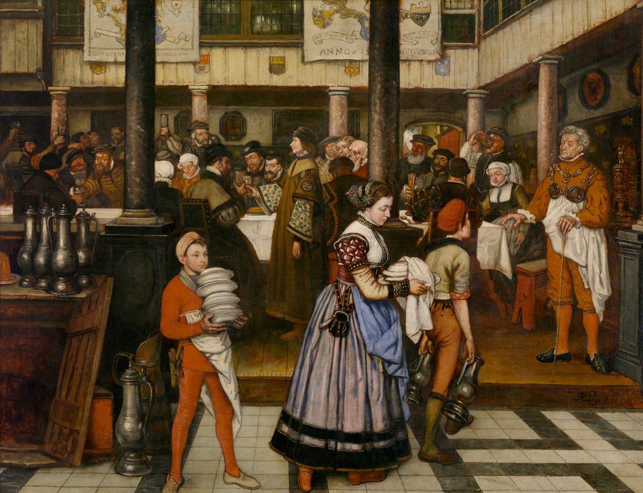 Frans Floris Aziz Luka Loncasının Bir Ziyafetine Katılıyor (tuval üzerine yağlı boya) by Jan August Hendrik Baron Leys