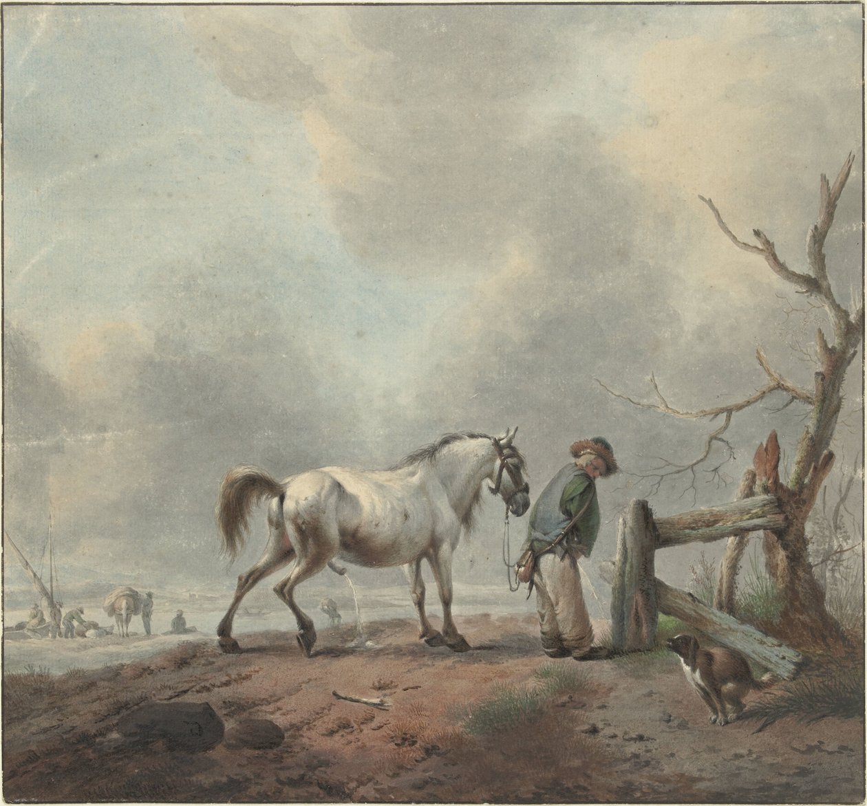 Sulayan bir adam, at ve köpek ile manzara by Jan Augustini