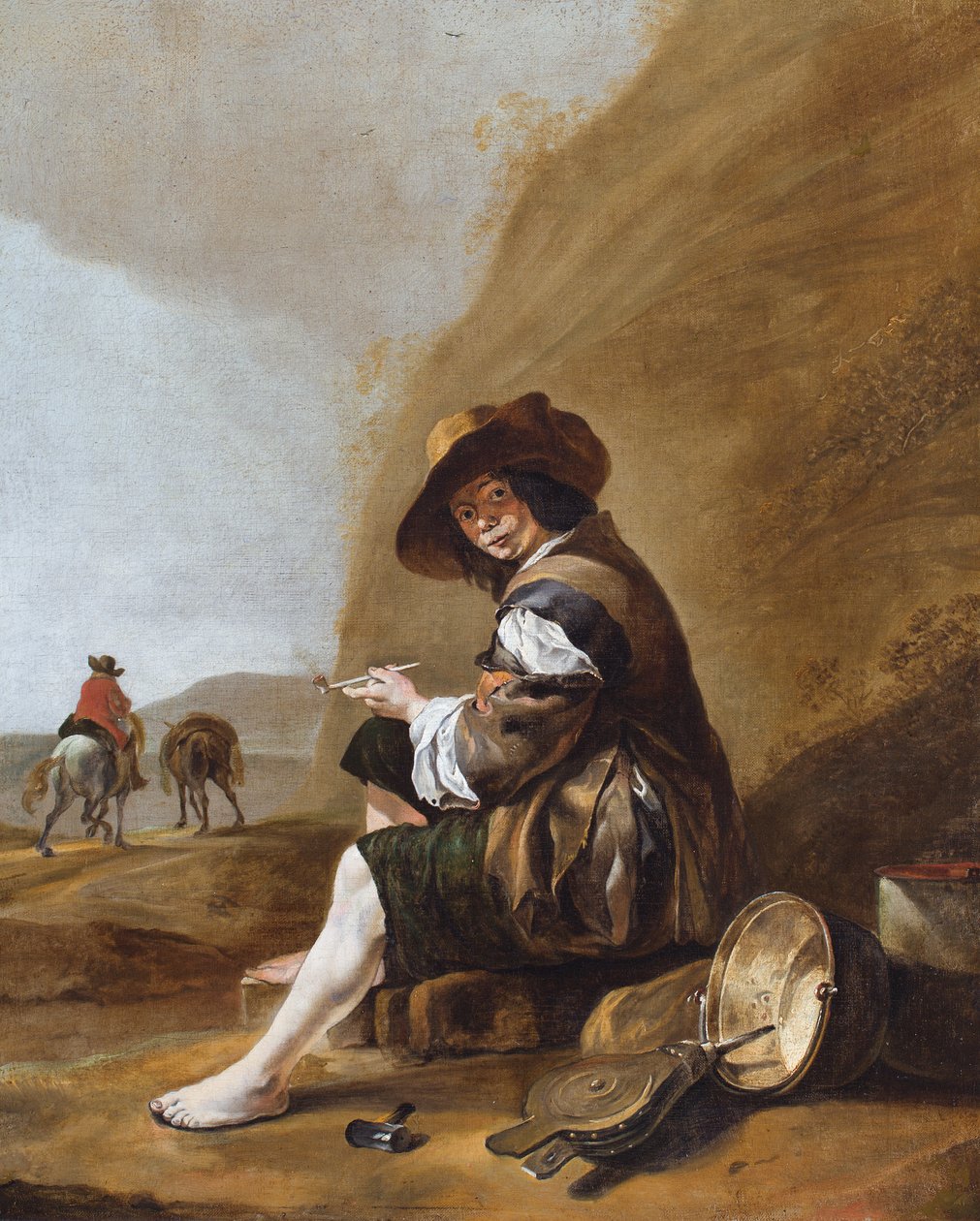 Oturmuş sigara içen bir köylü çocuğu (tuval üzerine yağlıboya) by Jan Baptist (attr.to) Weenix
