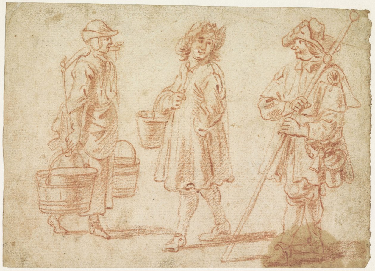 Boyunduruğu olan bir kadının üç çizimi, kovalı bir adam ve bir hacı by Jan Baptist Lambrechts