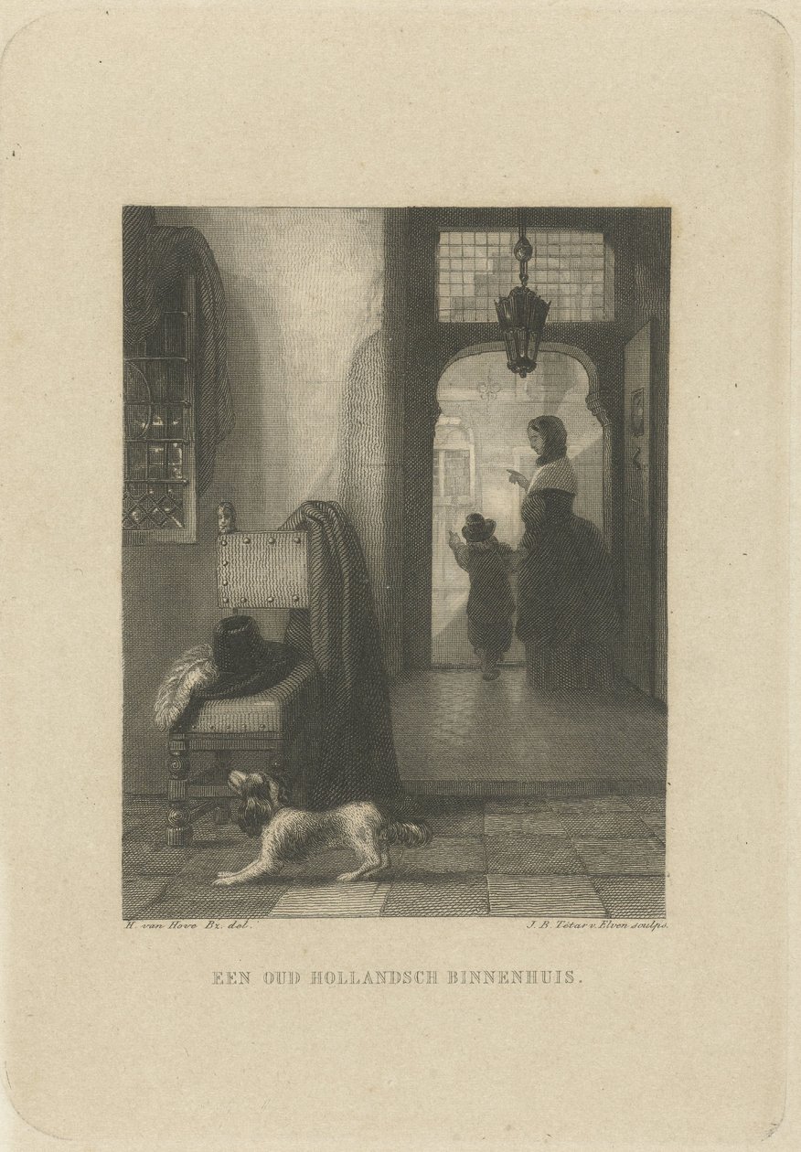 Köpek ile iç ESKİ BİR HOLLANDA İÇ EVİ. (nesne üzerindeki başlık) by Jan Baptist Tetar van Elven