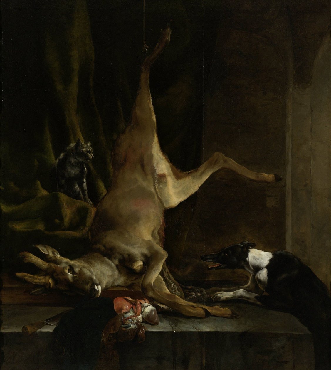 Kısmen bağırsakları çıkarılmış bir Geyiğin yanında bir Köpek ve Bir Kedi by Jan Baptist Weenix