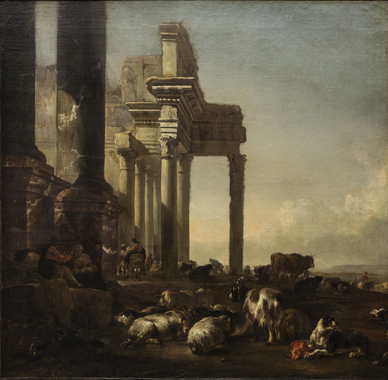 Köylüler, sığırlar ve koyunlarla klasik kalıntılardan oluşan bir İtalyan Manzarası, c.1650
