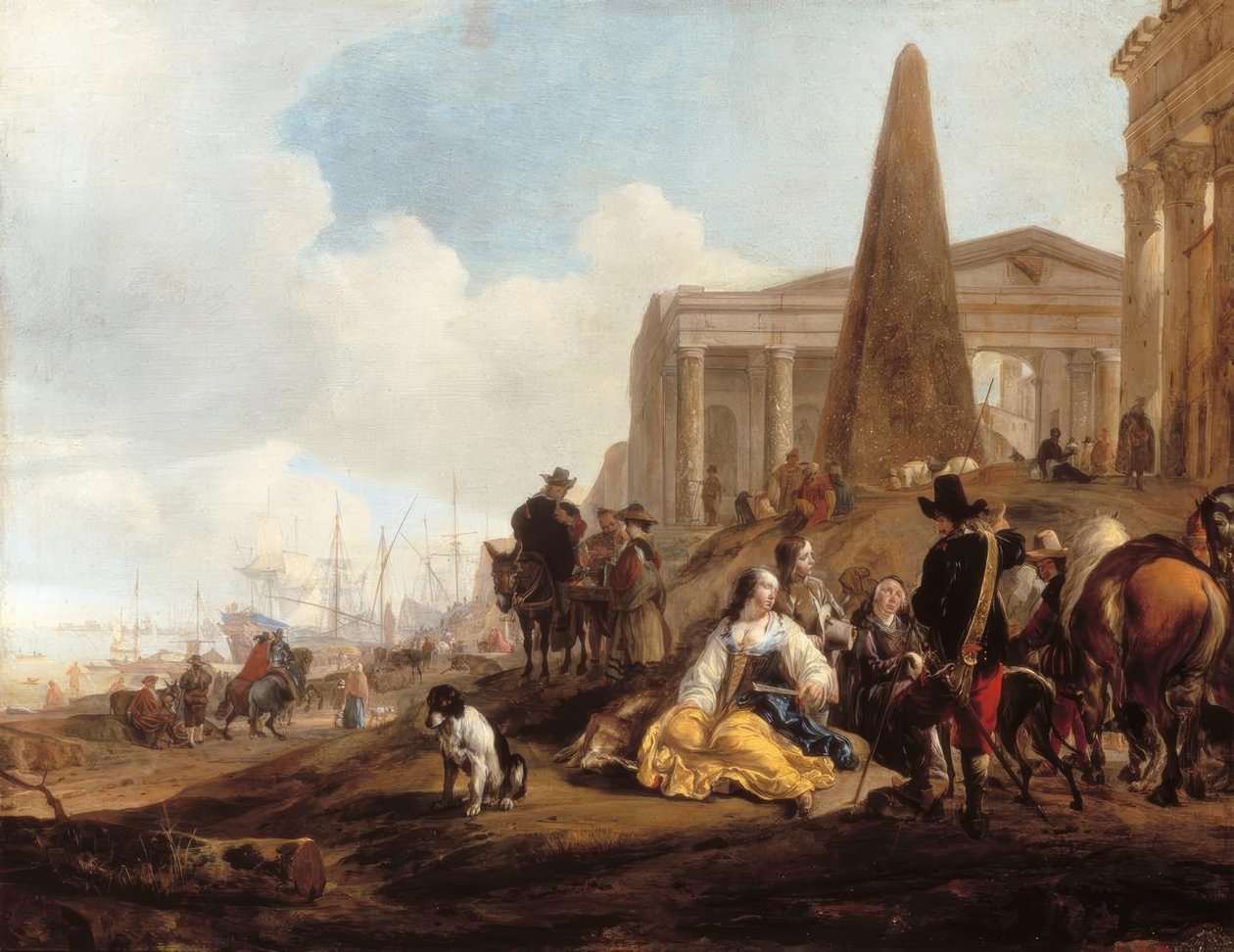 Antik kalıntıların önünde oturan figürlerle Akdeniz liman sahnesi by Jan Baptist Weenix