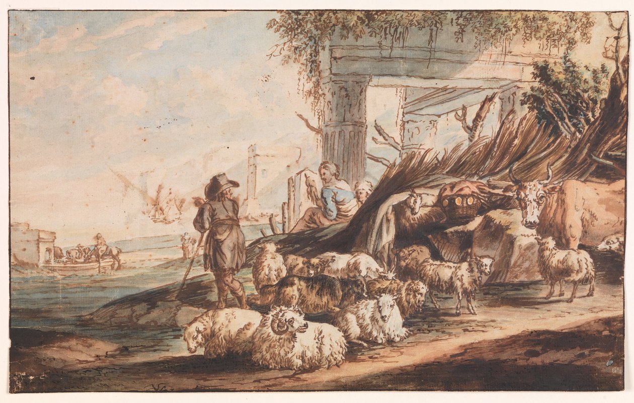 Bir koyun sürüsü ve harabeler arasında bir inek ile çoban by Jan Baptist Weenix