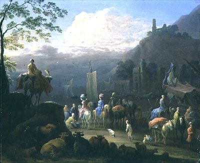 Bir limana yakın bir gezgin partisi (bakır üzerine yağ) by Jan Baptist van der Meiren