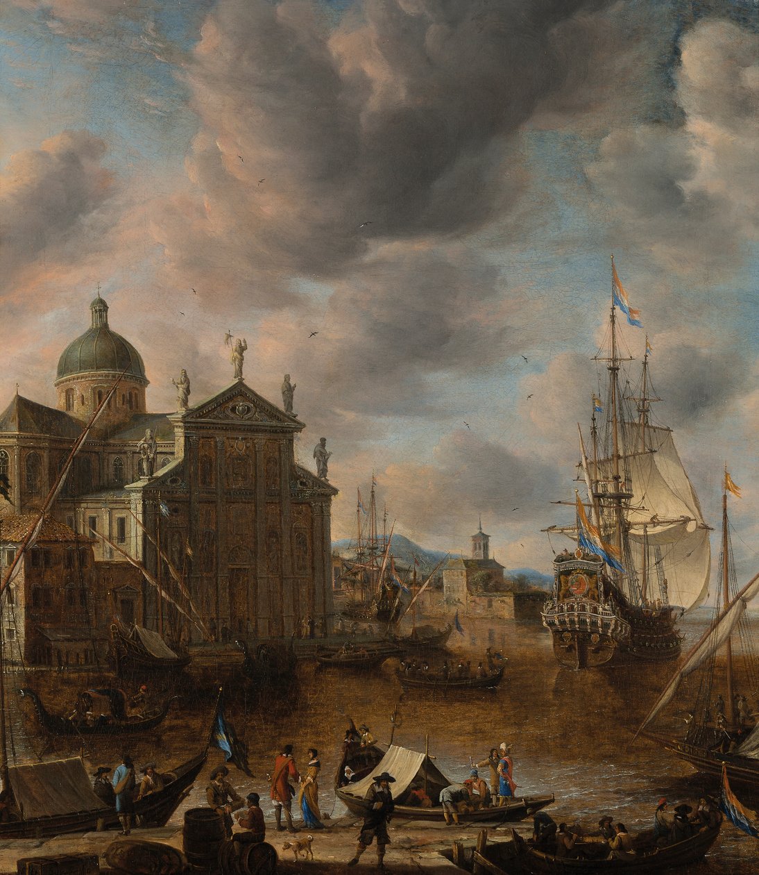 Bir rıhtımda konuşan figürlerin ve ötesinde demirleyen Hollandalı üç kaptanlı bir Akdeniz "capriccio" limanı, 1665 by Jan Beerstraten