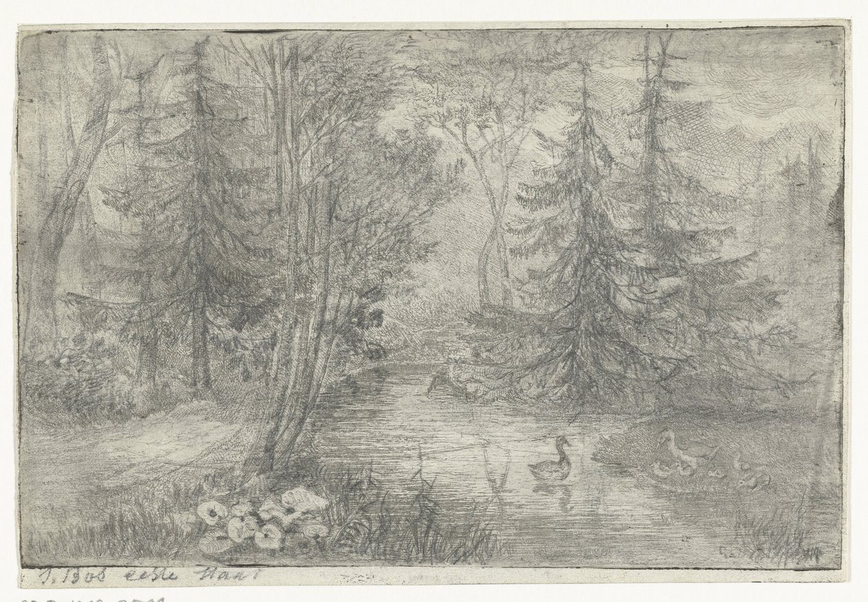 Ördekler ile orman gölet by Jan Bos Wz. (signed by artist)