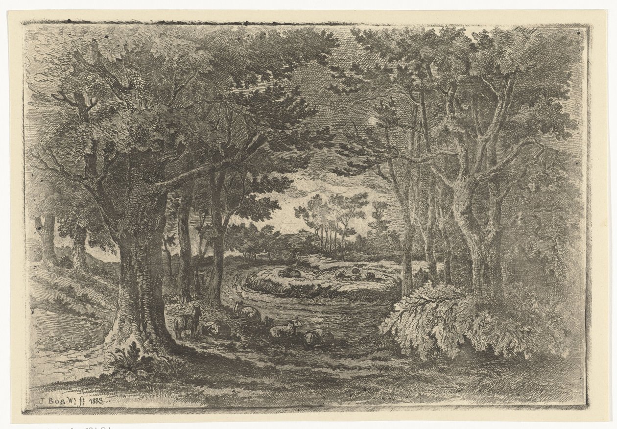 Beş koyunlu orman manzarası by Jan Bos Wz.