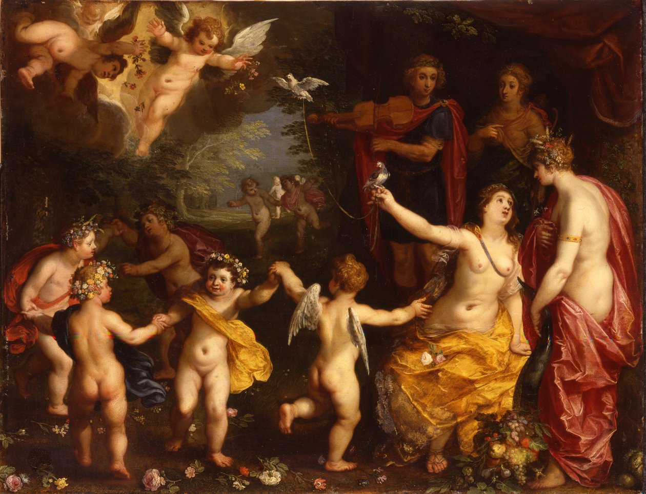 Aşk alegorisi: Bir manzarada dans eden putti ile çevrili Ceres, Apollo ve Diana ile bir çift bağlı güvercin tutan Venüs by Jan Brueghel the Elder