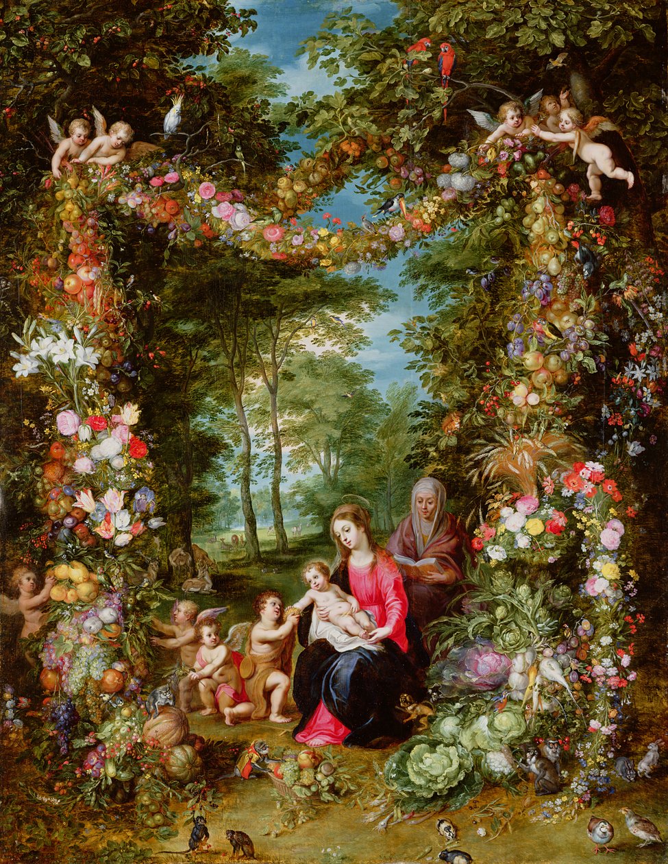 Bakire ve Çocuk, bebek Vaftizci Yahya, Aziz Anne ve melekler, çiçekler ve meyvelerden oluşan bir çelenkle çevrili by Jan Brueghel the Elder