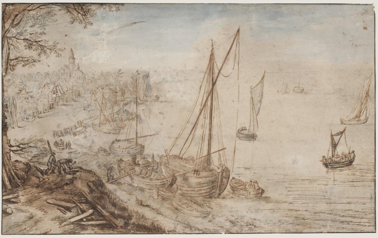 Nehir manzarası. Ön planda bir tekne yükleniyor ve kalas kesen adamlar by Jan Brueghel d.Æ.