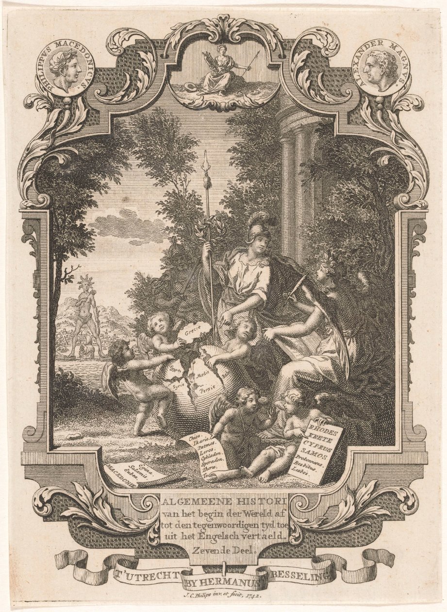 Yunanistan tarihinin alegorisiyle kartuş Başlık sayfası: Kornelis Westerbaen, Algemeene tarihi, 1742 by Jan Caspar Philips