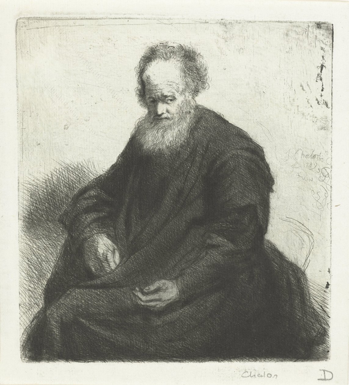Uzun pelerinli yaşlı adam oturuyor by Jan Chalon